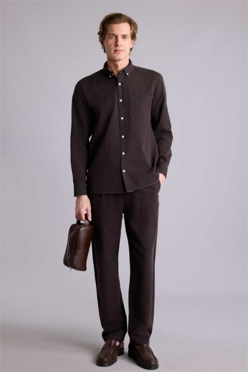 Erkek Kahve Regular Fıt Polo Yaka Pamuklu Uzun Kollu Gömlek