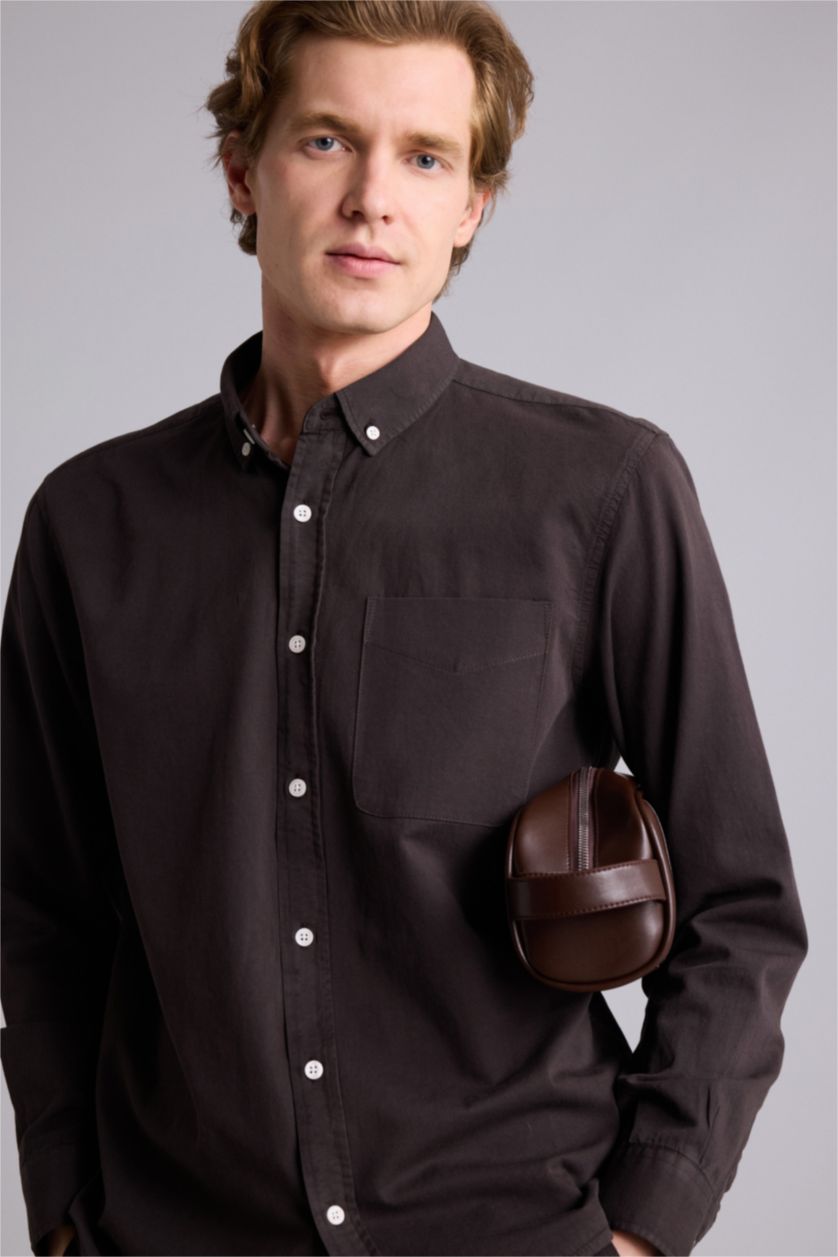 Erkek Kahve Regular Fıt Polo Yaka Pamuklu Uzun Kollu Gömlek