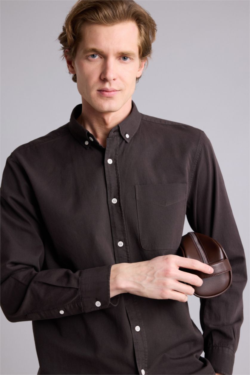 Erkek Kahve Regular Fıt Polo Yaka Pamuklu Uzun Kollu Gömlek