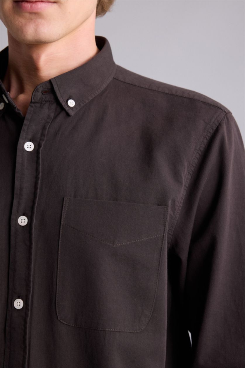 Erkek Kahve Regular Fıt Polo Yaka Pamuklu Uzun Kollu Gömlek