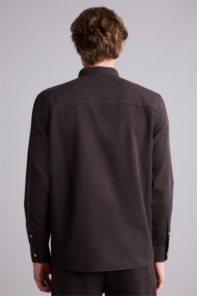 Erkek Kahve Regular Fıt Polo Yaka Pamuklu Uzun Kollu Gömlek