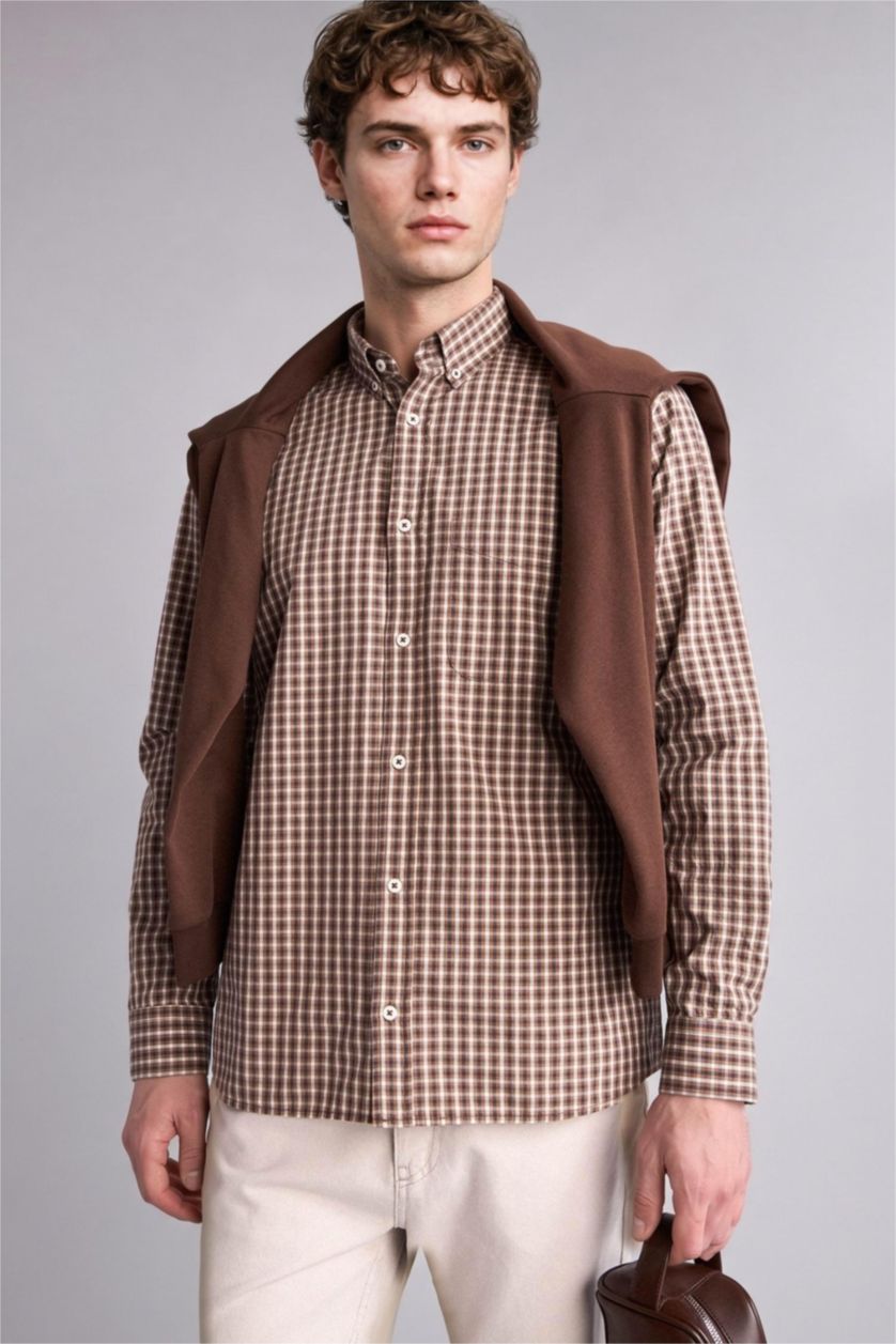 Erkek Kahve Regular Fit Uzun kollu Pamuklu Gömlek