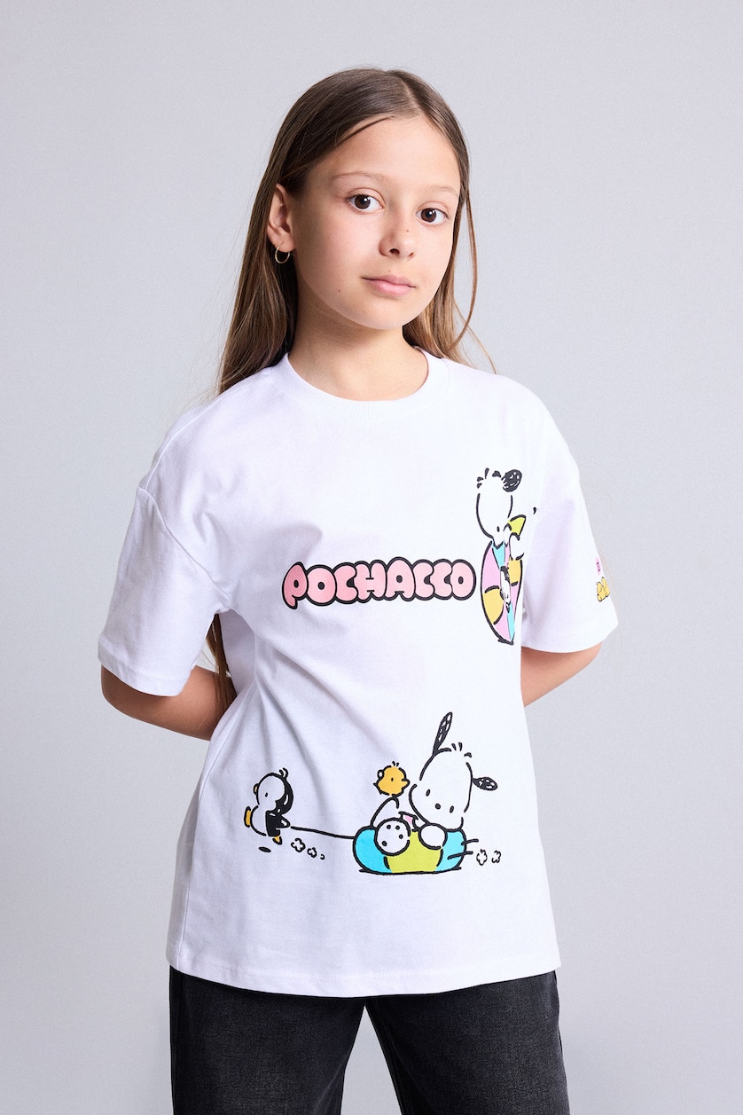 Kız Çocuk - Genç Kız Beyaz %100 Pamuk Pochacco Oversize BaskılıTişört Kız Çocuk