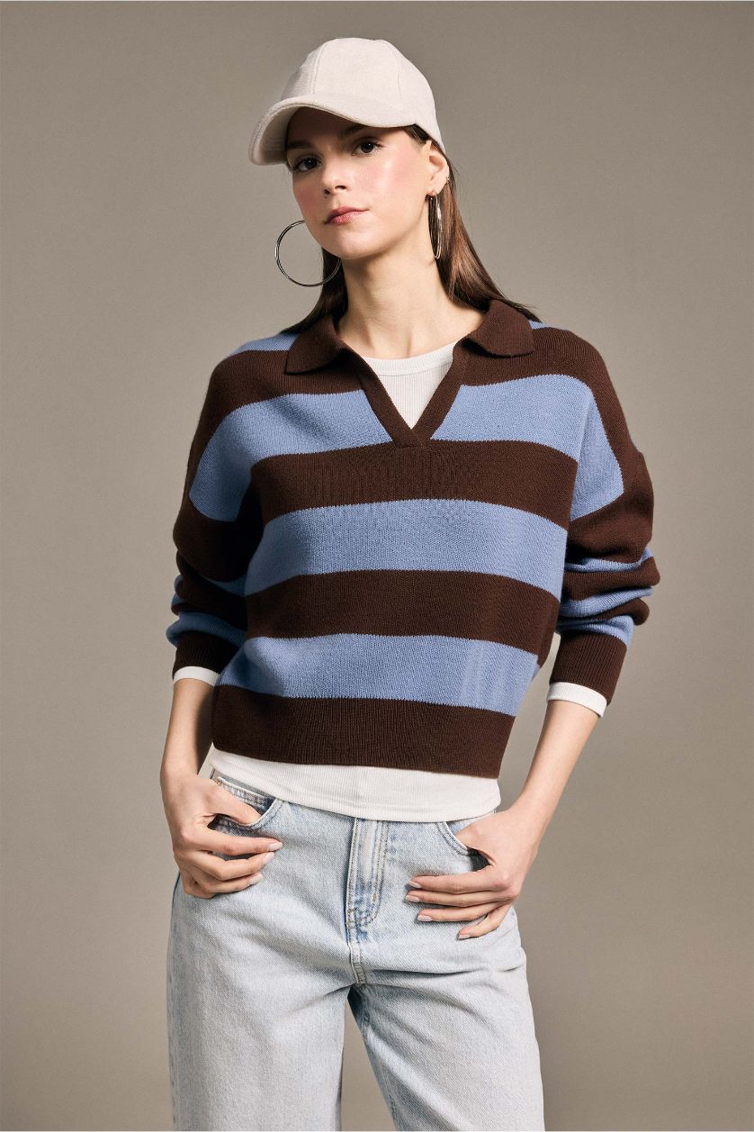 Kadın İndigo Oversıze Çizgili Kazak