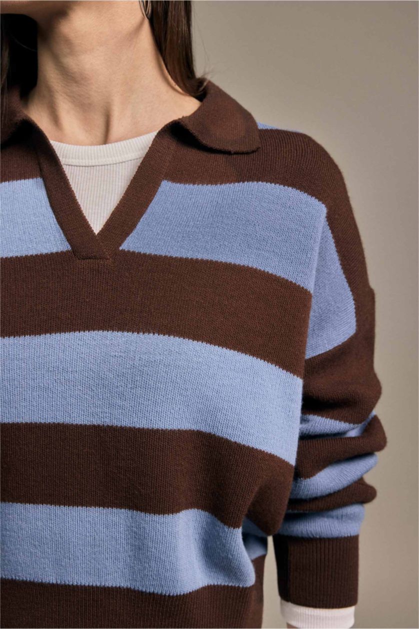 Kadın İndigo Oversıze Çizgili Kazak