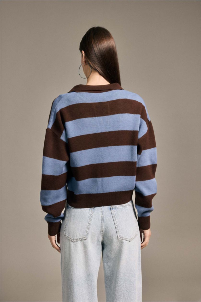 Kadın İndigo Oversıze Çizgili Kazak