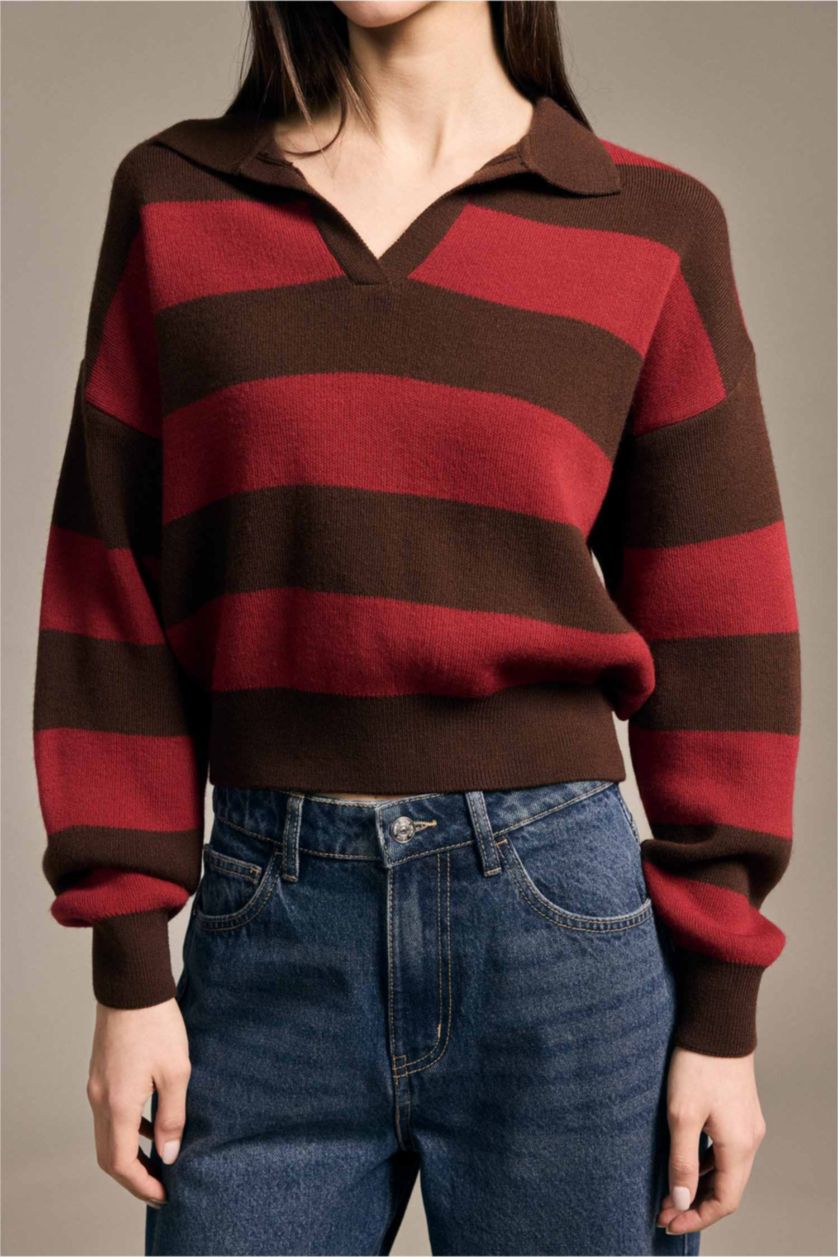 Kadın Kırmızı Oversıze Çizgili Kazak