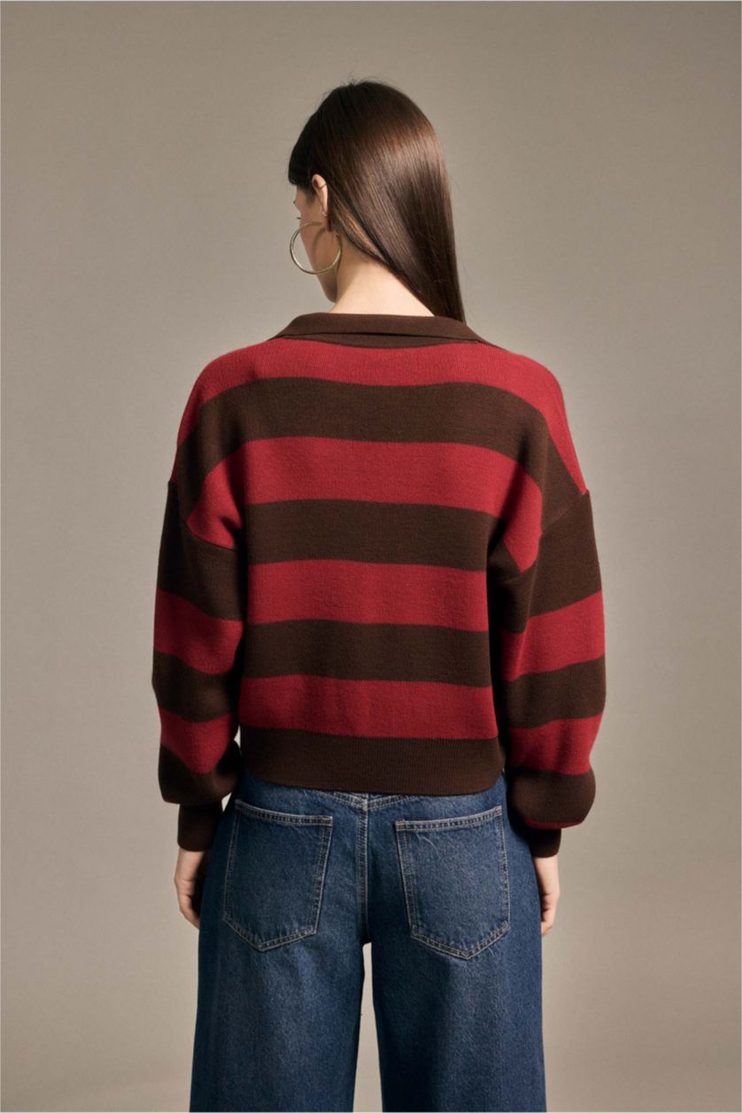 Kadın Kırmızı Oversıze Çizgili Kazak