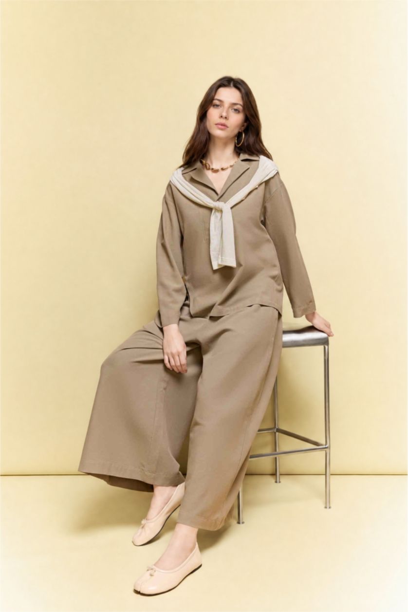 WOMAN Light Khaki Regular Fit Linen Blended Long Sleeve Tunic