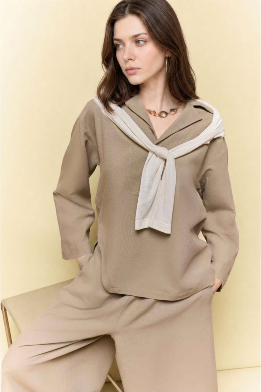 WOMAN Light Khaki Regular Fit Linen Blended Long Sleeve Tunic