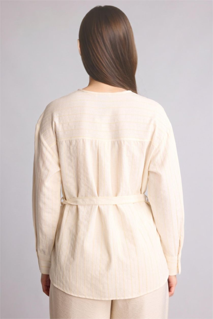 FEMME Beige Tunique rayée à col rond manches longues Coupe régulière