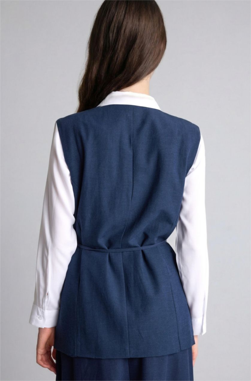 Kadın Lacivert Regular Fit Keten Yelek