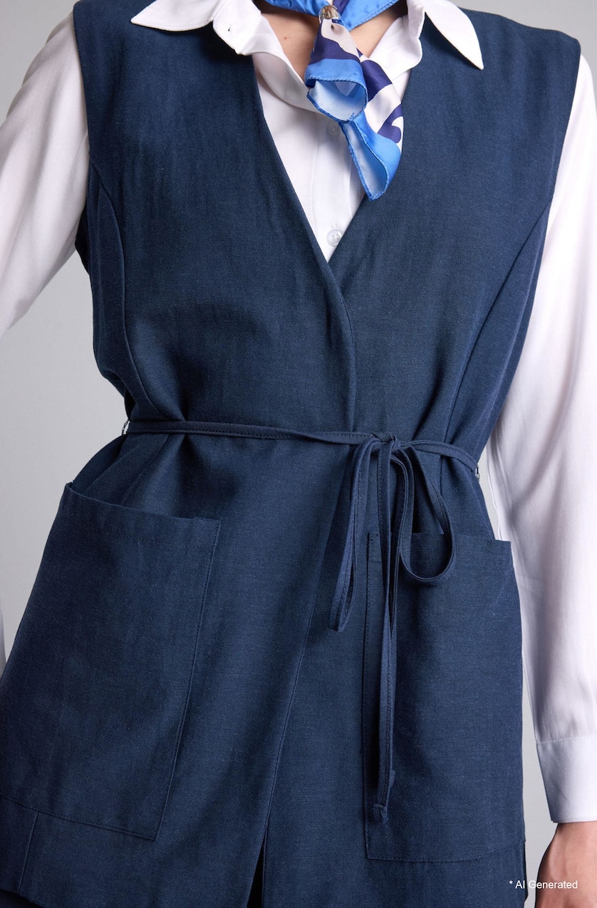 نساء كحلي Regular Fit V-Neck Linen Vest