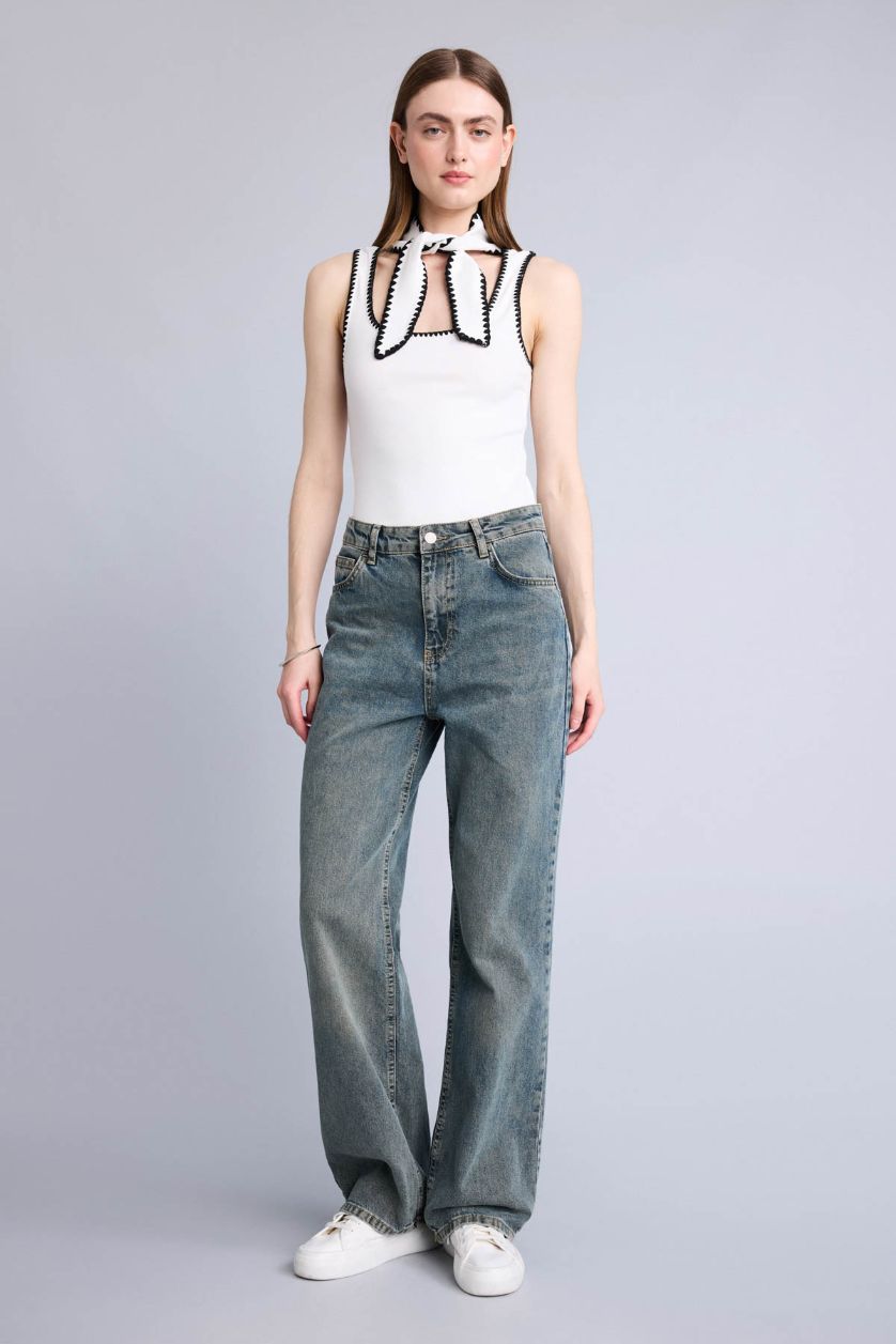 WOMAN Ecru Slim Fit Round Neck Ribbed Tank Top