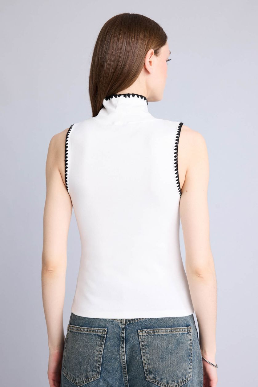 WOMAN Ecru Slim Fit Round Neck Ribbed Tank Top