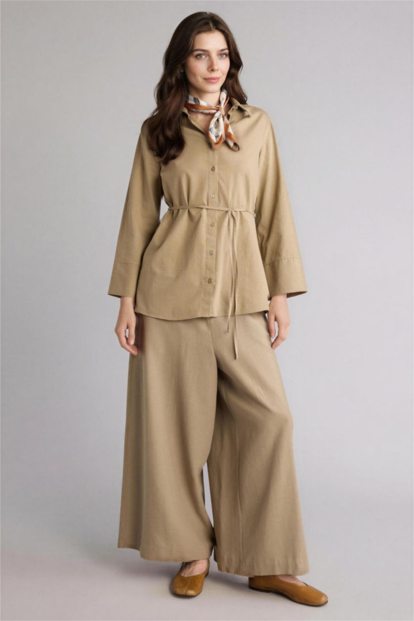 FEMME Kaki Clair Culotte Fit Linen Blended Trousers