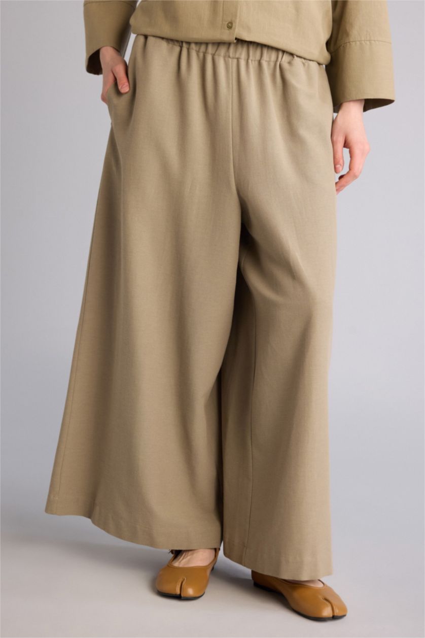 FEMME Kaki Clair Culotte Fit Linen Blended Trousers