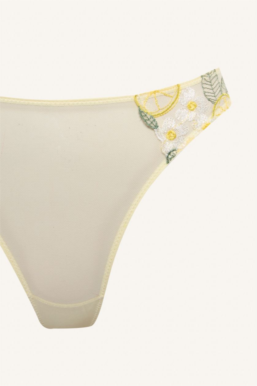 Kadın Açık Sarı Bağcıklı Dantelli Brode Külot