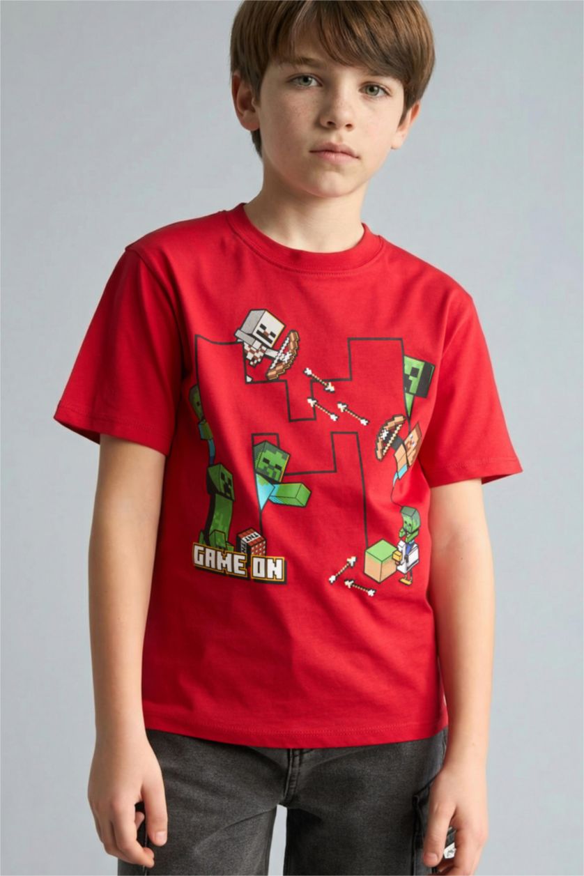 Erkek Çocuk - Genç Erkek Kırmızı Minecraft Oversize Kısa kollu Tişört Erkek Çocuk