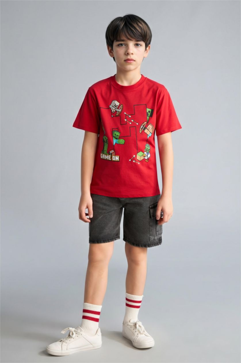 Erkek Çocuk - Genç Erkek Kırmızı Minecraft Oversize Kısa kollu Tişört Erkek Çocuk