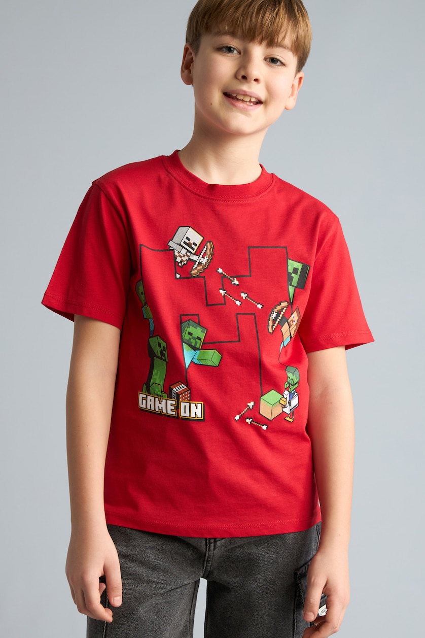 Erkek Çocuk - Genç Erkek Kırmızı %100 Pamuk Minecraft Oversıze Bisiklet Yaka Kısa Kollu Tişört Erkek Çocuk