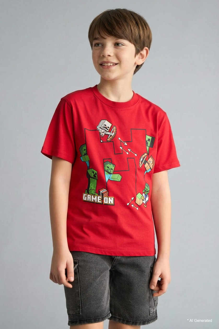 Young Boys - Teen Boys Red Oversize Fit Minecraft Licensed Short Sleeve T-Shirt