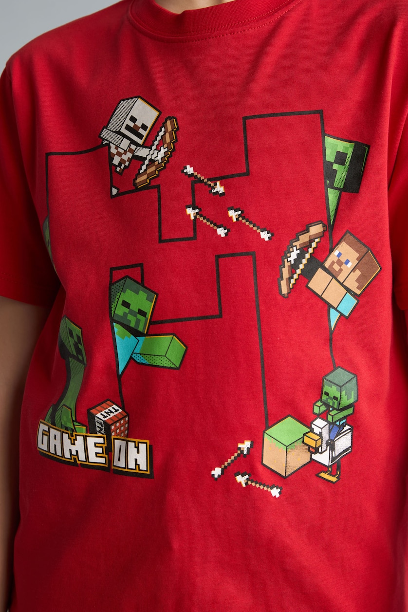 Erkek Çocuk - Genç Erkek Kırmızı %100 Pamuk Minecraft Oversıze Bisiklet Yaka Kısa Kollu Tişört Erkek Çocuk