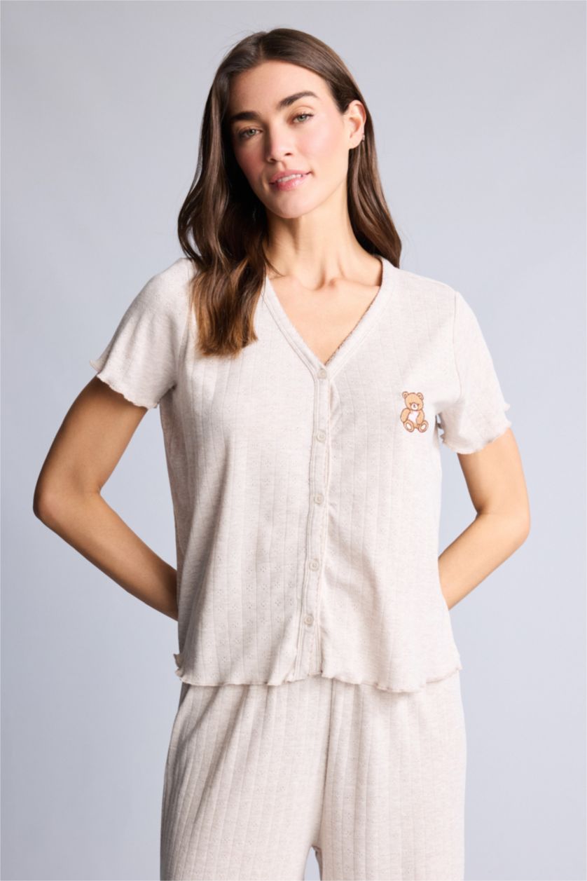 Kadın Bej Melanj Pijama Takımı Ayıcıklı Üst Alt