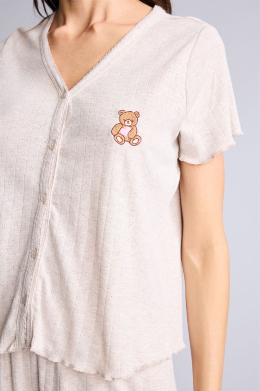 Kadın Bej Melanj Pijama Takımı Ayıcıklı Üst Alt