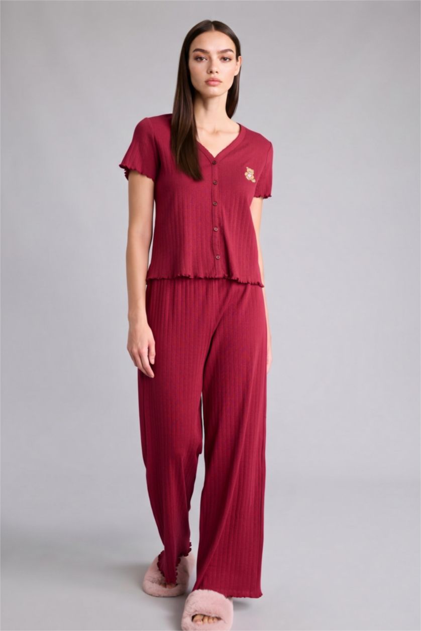 Kadın Bordo Regular Fıt Kısa Kollu 2'li Takım