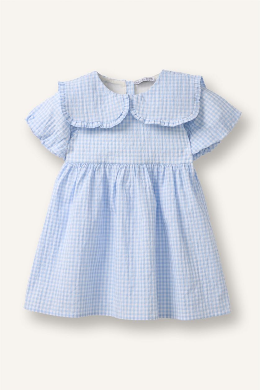 Kız Bebek Açık Mavi Pötikareli Gofre Dokulu Elbise Kız Bebek