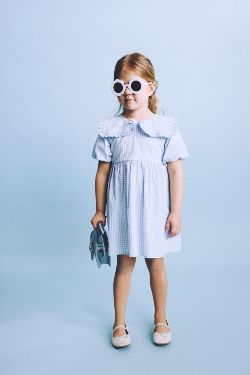 Kız Bebek Açık Mavi Pötikareli Gofre Dokulu Elbise Kız Bebek