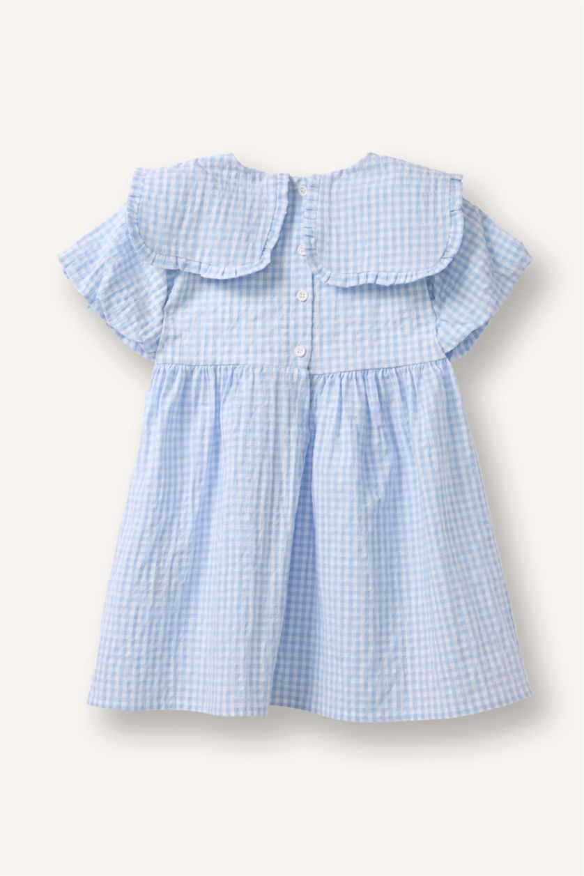Kız Bebek Açık Mavi Pötikareli Gofre Dokulu Elbise Kız Bebek