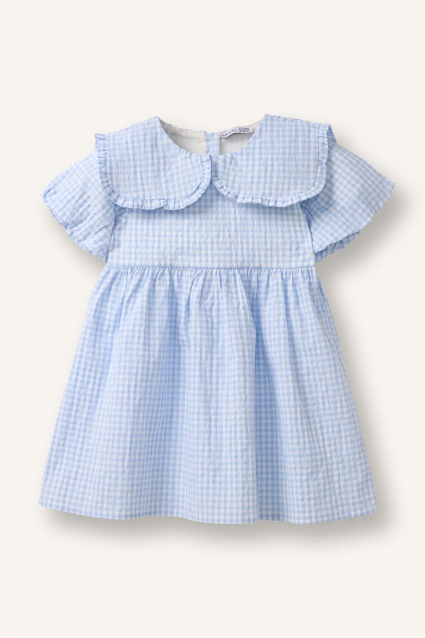 Kız Bebek Açık Mavi Pötikareli Gofre Dokulu Elbise Kız Bebek