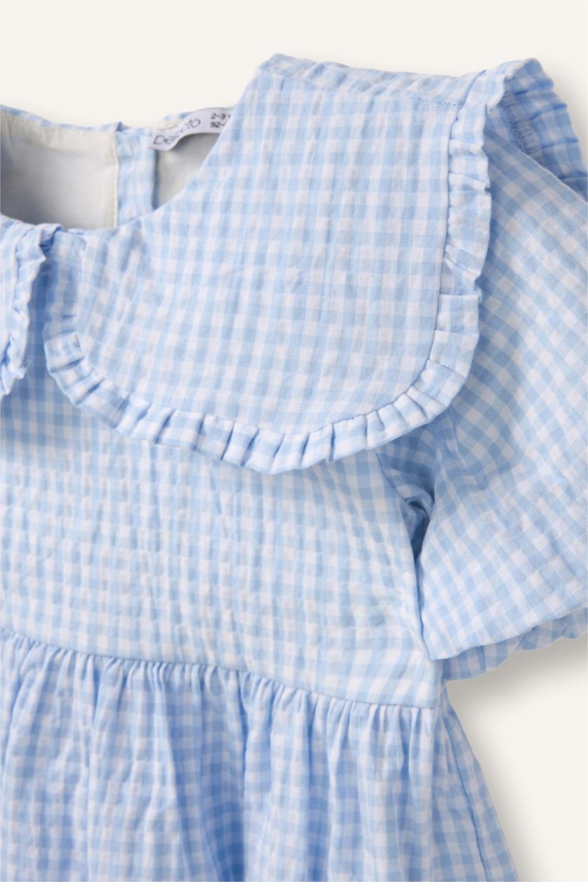 Kız Bebek Açık Mavi Pötikareli Gofre Dokulu Elbise Kız Bebek