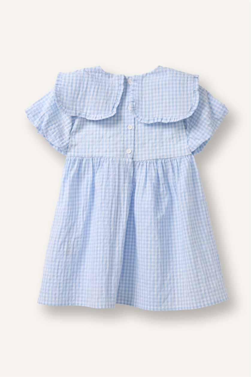 Kız Bebek Açık Mavi Pötikareli Gofre Dokulu Elbise Kız Bebek