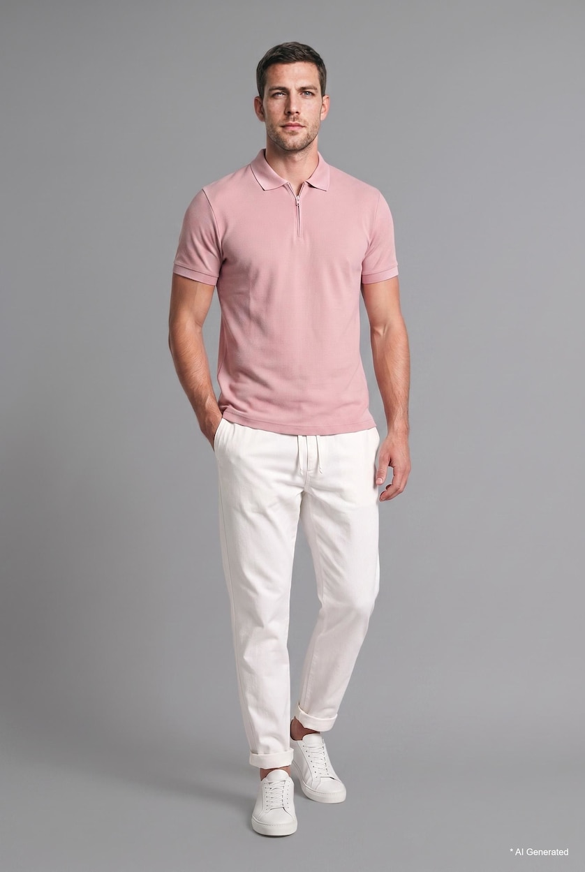 Men Rose Regular Fit 100% Cotton Short Sleeve Zip-Up Polo T-Shirt