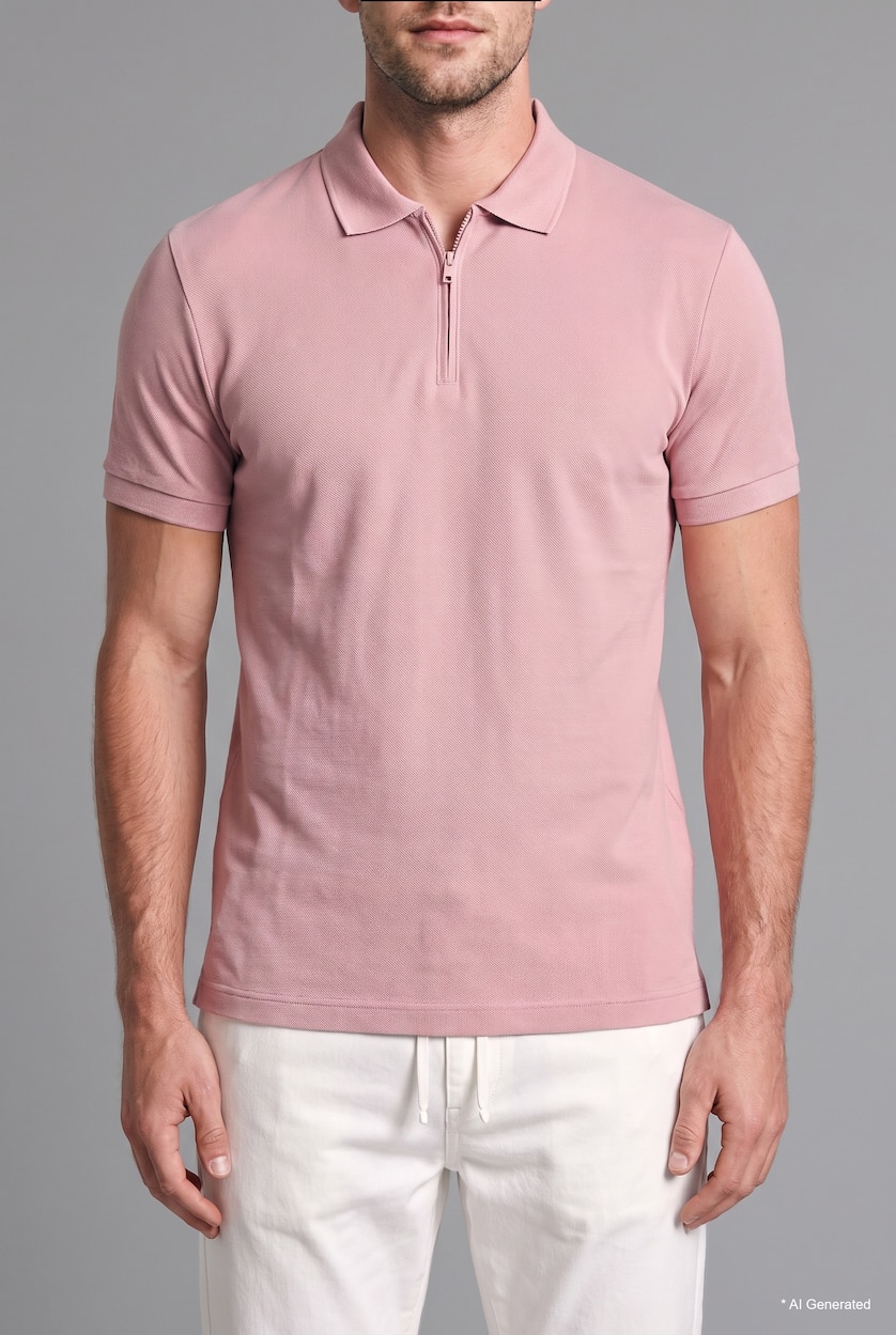 Men Rose Regular Fit 100% Cotton Short Sleeve Zip-Up Polo T-Shirt