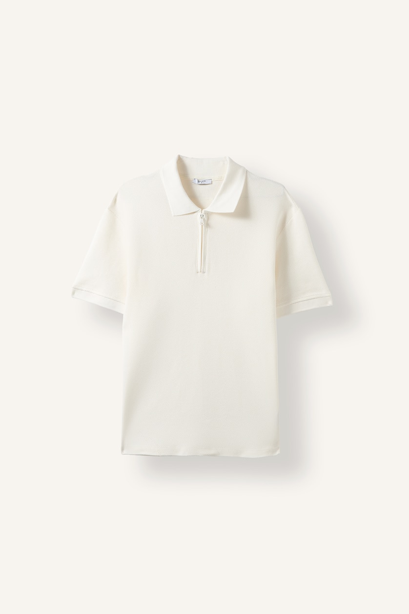 Erkek Ekru %100 Pamuk Yarım Fermuarlı Basic Polo Tişört