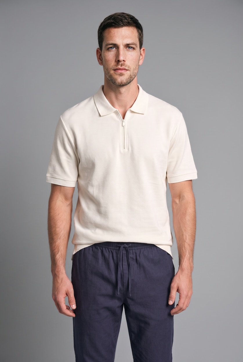 HOMME Écru T-shirt polo basique 100% coton en piqué avec demi-fermeture zippée Coupe régulière