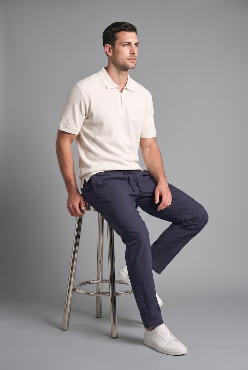 HOMME Écru T-shirt polo basique 100% coton en piqué avec demi-fermeture zippée Coupe régulière