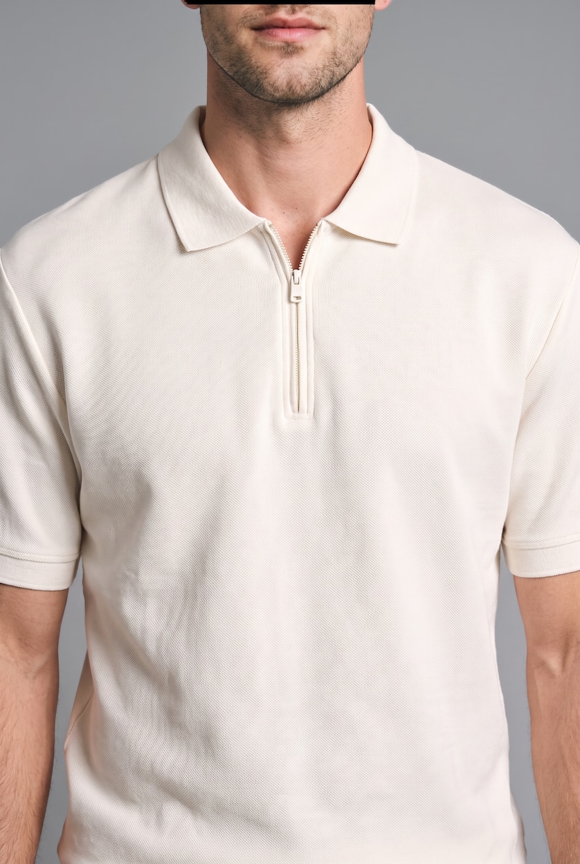 HOMME Écru T-shirt polo basique 100% coton en piqué avec demi-fermeture zippée Coupe régulière