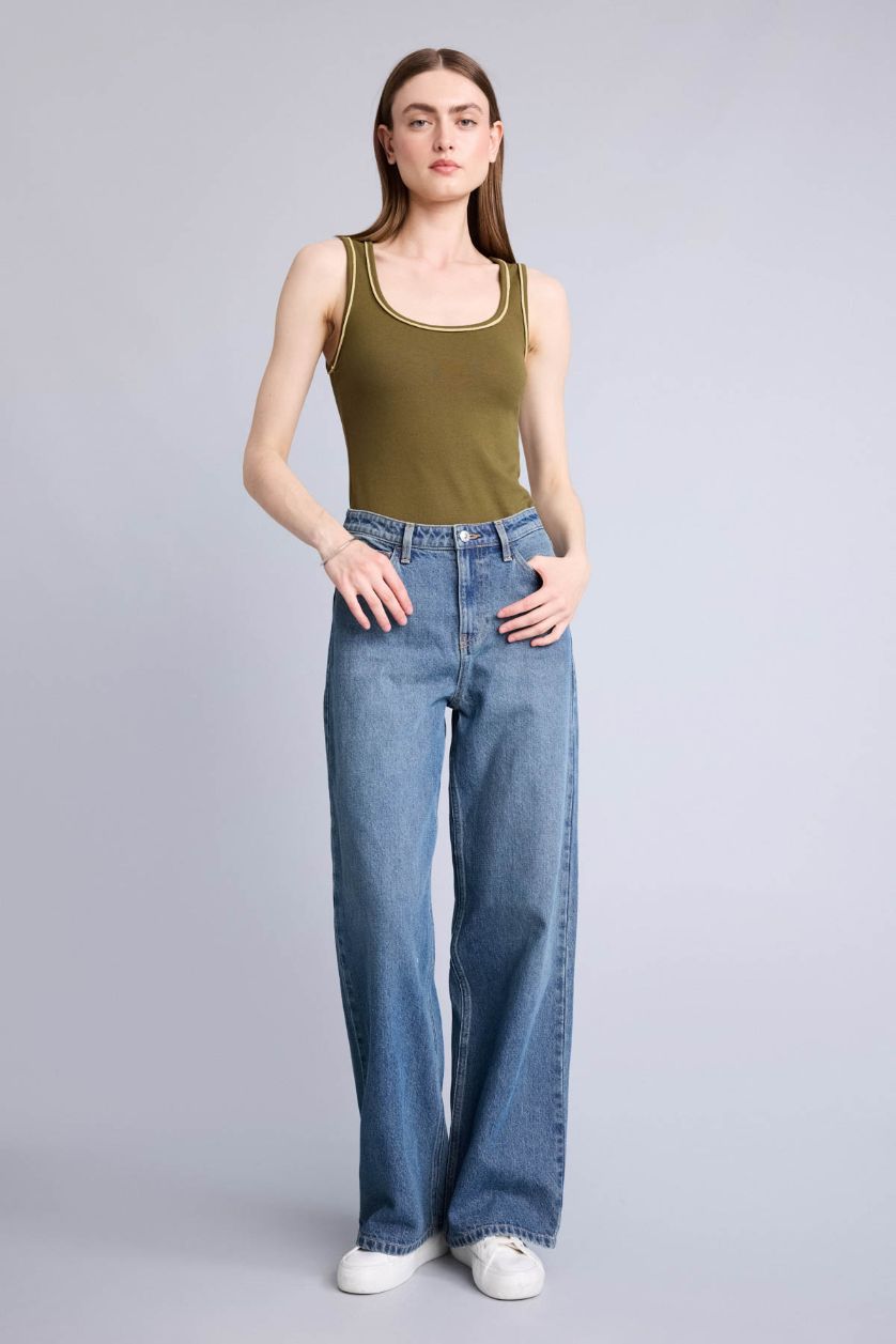 WOMAN Dark Khaki تانك توب مضلع سليم فيت