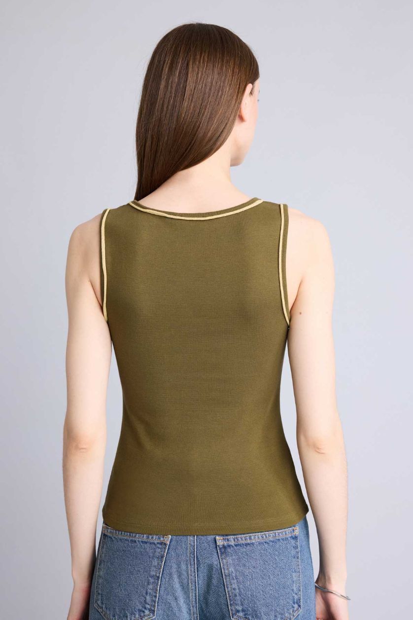 WOMAN Dark Khaki تانك توب مضلع سليم فيت