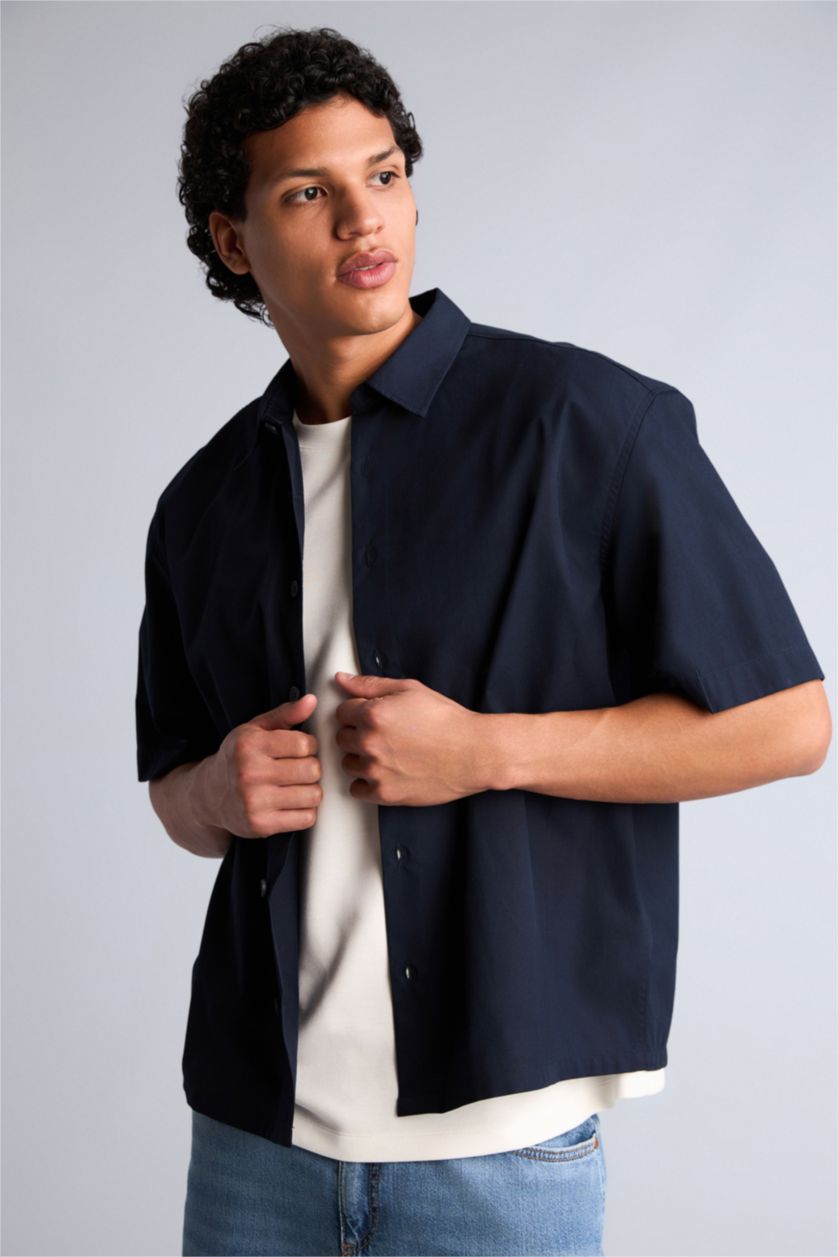 Erkek Lacivert Boxy Fit Kısa kollu Poplin Baskılı Gömlek