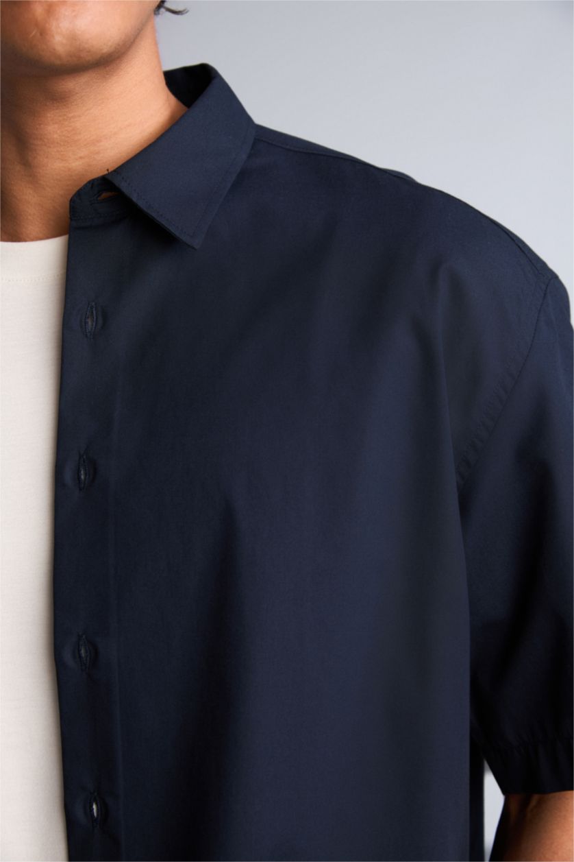 Erkek Lacivert Boxy Fit Kısa kollu Poplin Baskılı Gömlek