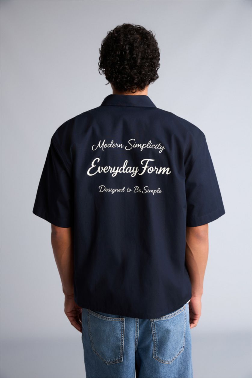 Erkek Lacivert Boxy Fit Kısa kollu Poplin Baskılı Gömlek