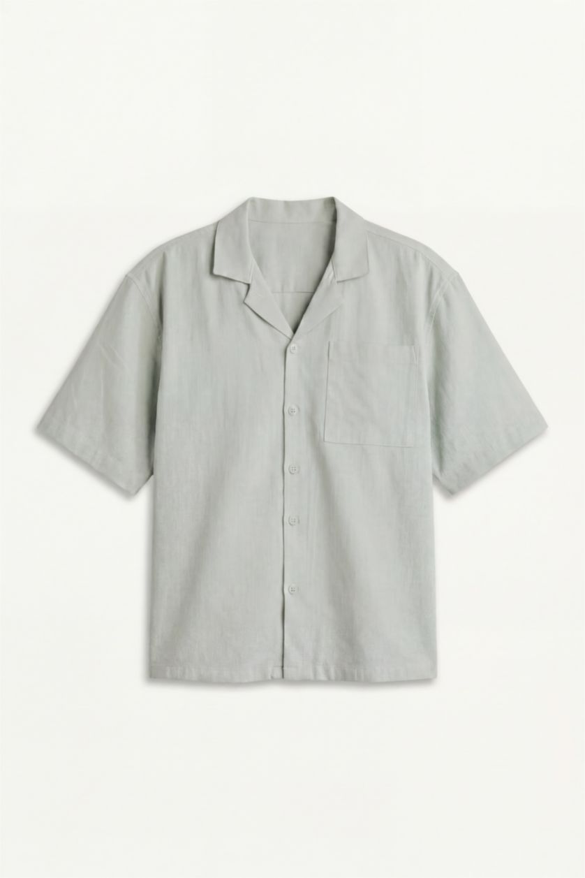 Men Light Blue Boxy Fit Apache Neck Woven Short Sleeve Shirt
