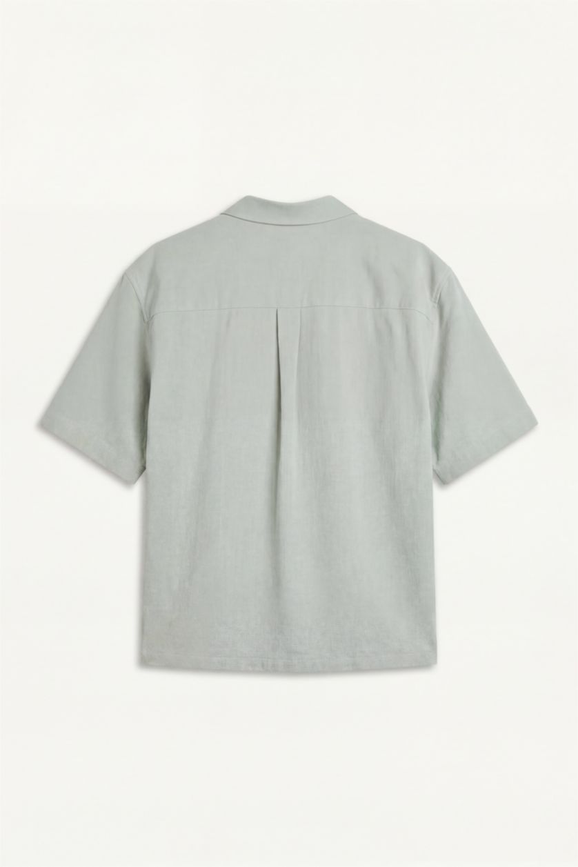 Men Light Blue Boxy Fit Apache Neck Woven Short Sleeve Shirt