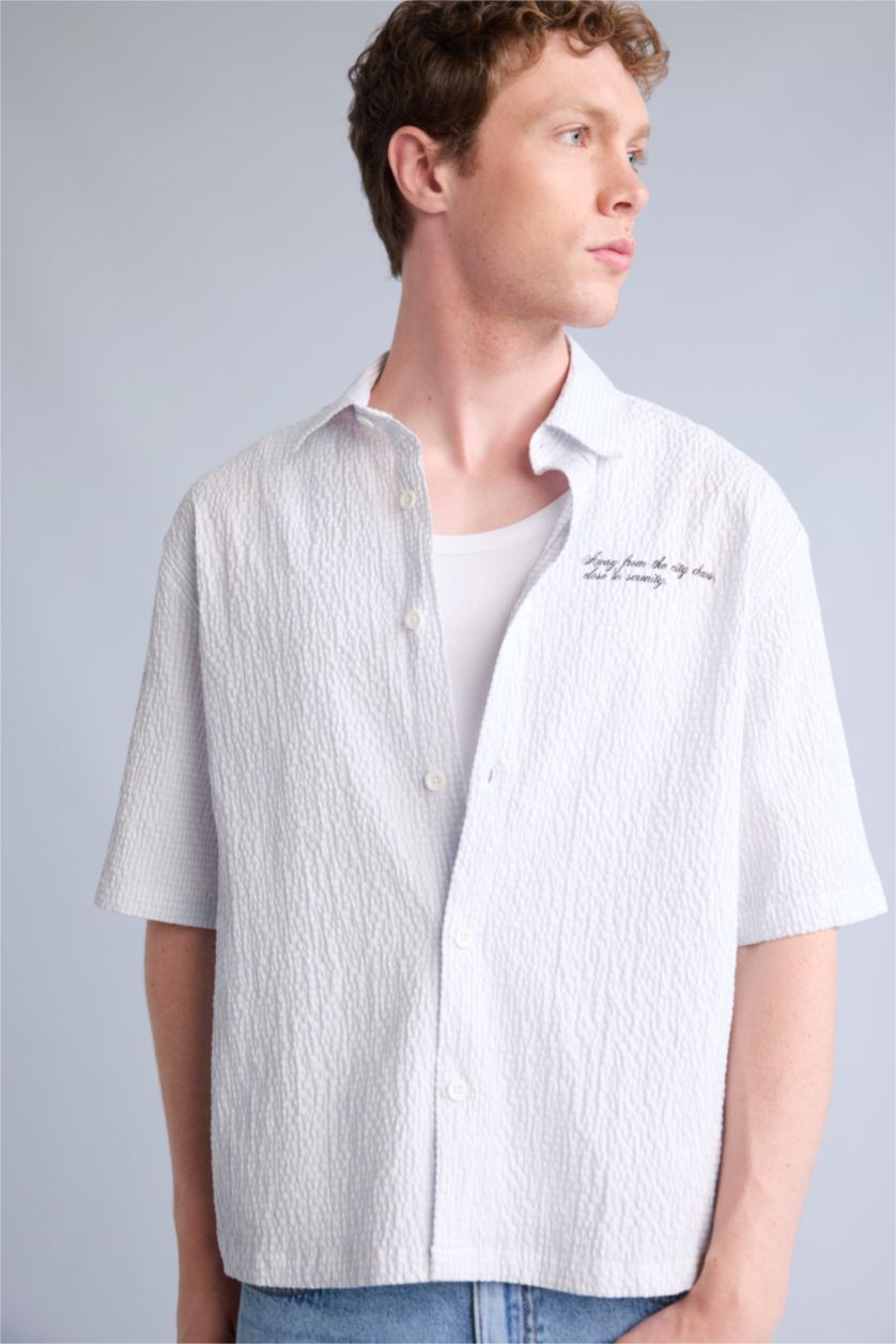 Men Ecru Boxy Fit Crinkle Short Sleeve Shirt